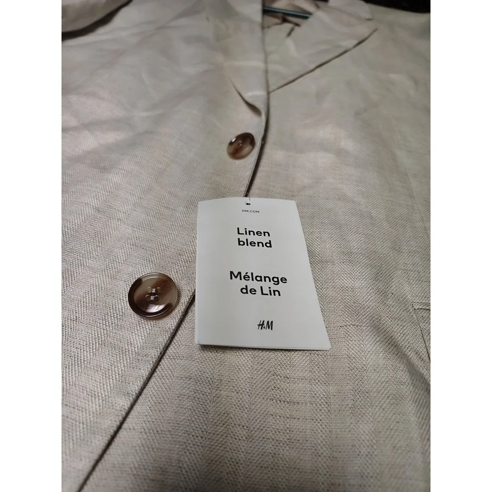 New H&M Slim Fit Linen 2 Button Jacket Blazer Light Beige Size 50Regular